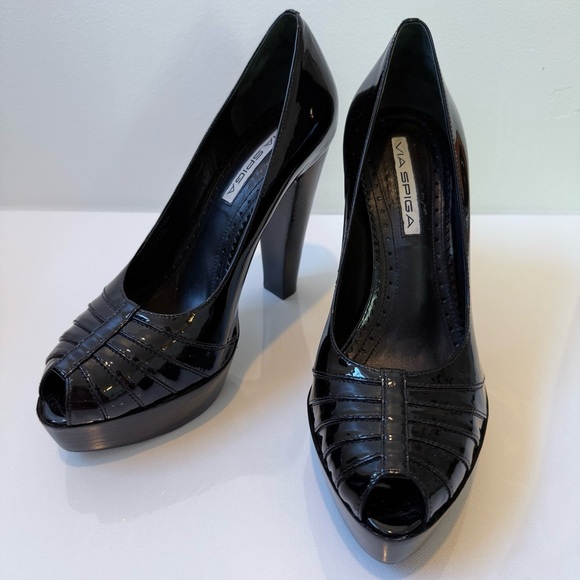 VIA SPIGA Black Patent Leather Platform Peep Toe Heels Size 7.5 Block Heel Pumps - Picture 2 of 13